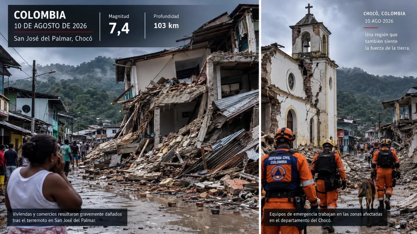 Composición visual del terremoto de Colombia con daños y equipos de emergencia
