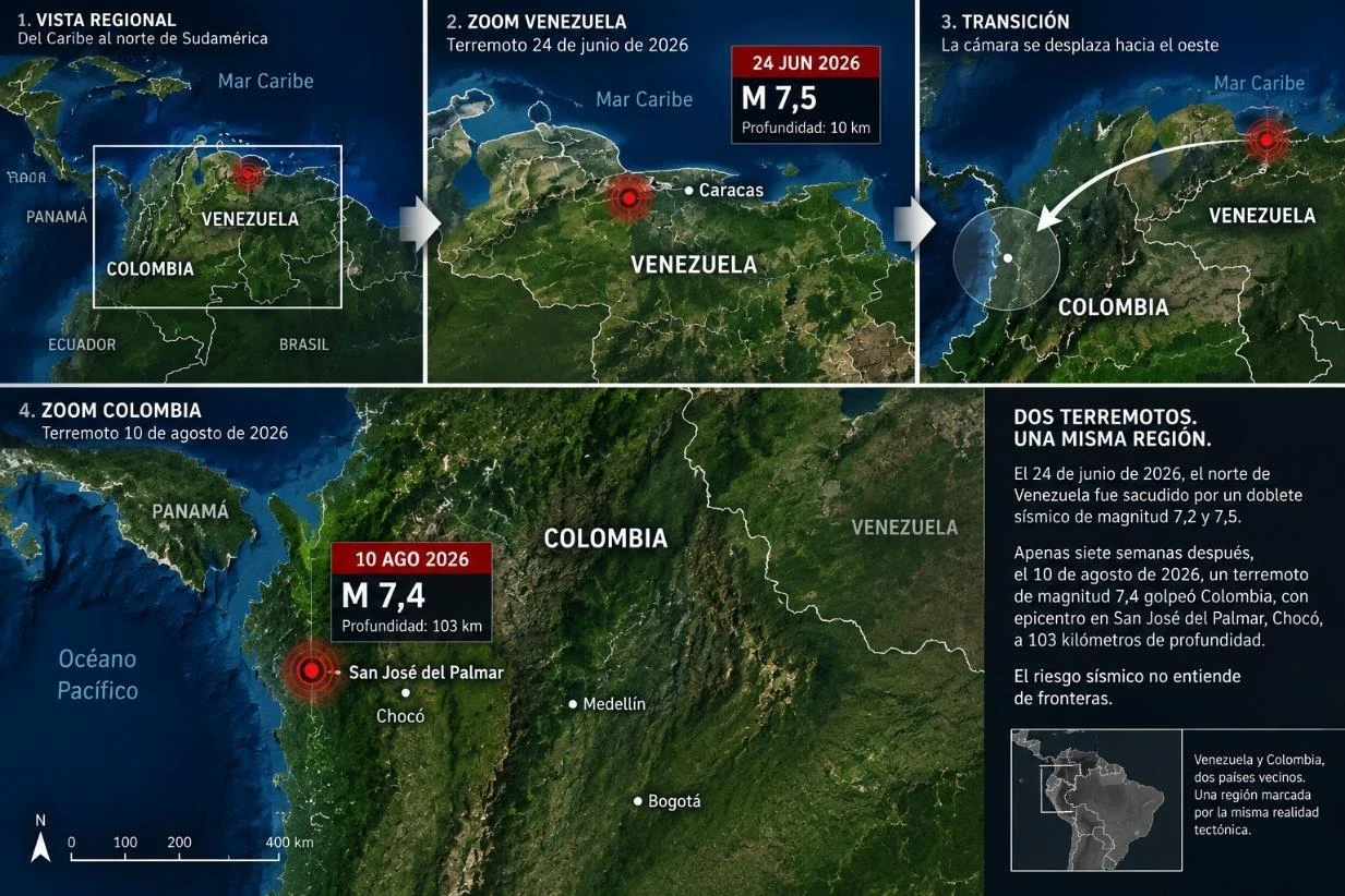 Secuencia cartográfica de Venezuela a Colombia con los terremotos de junio y agosto de 2026