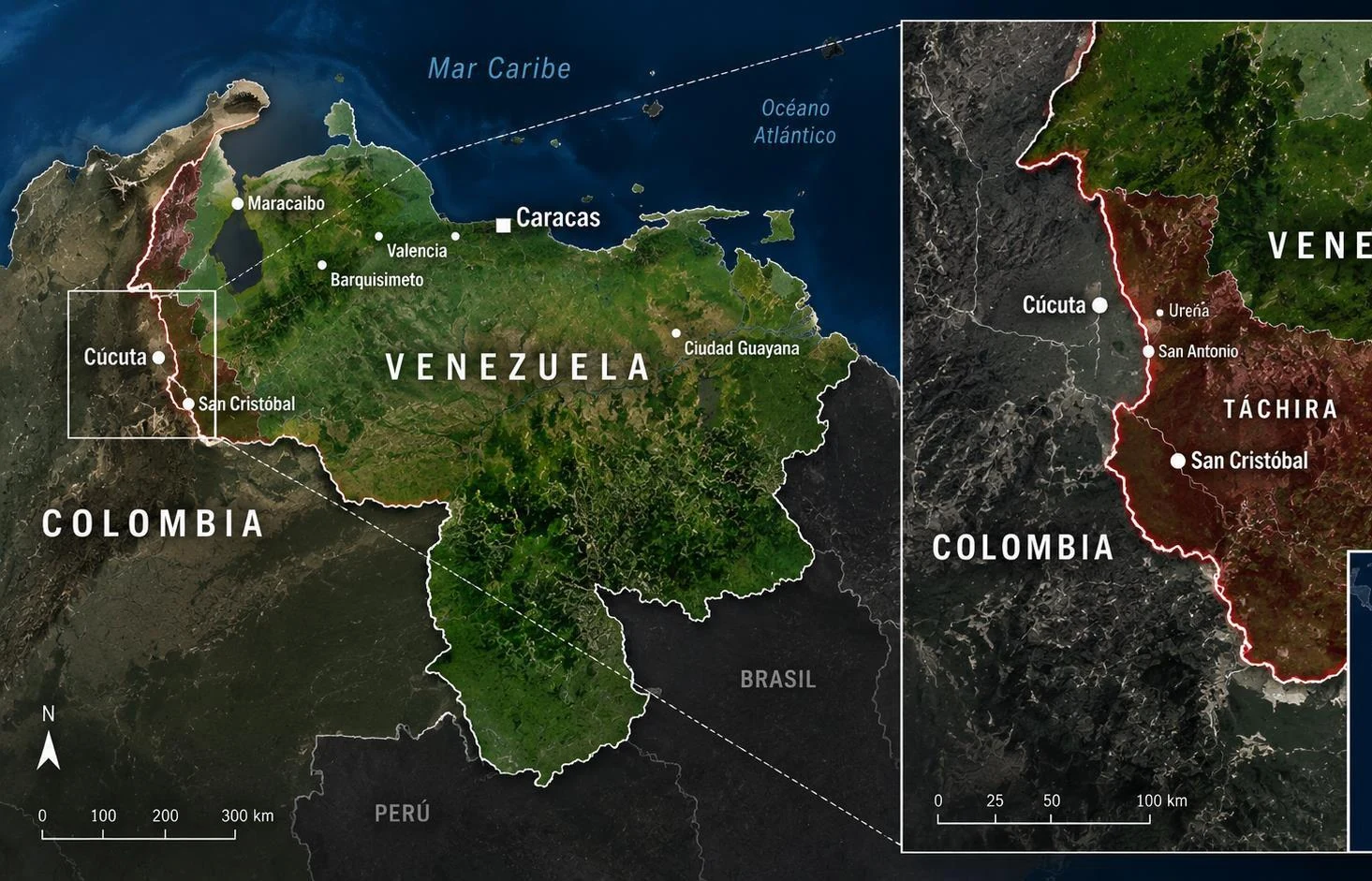 Mapa editorial de la frontera entre Venezuela y Colombia con Caracas, Táchira, San Cristóbal y Cúcuta