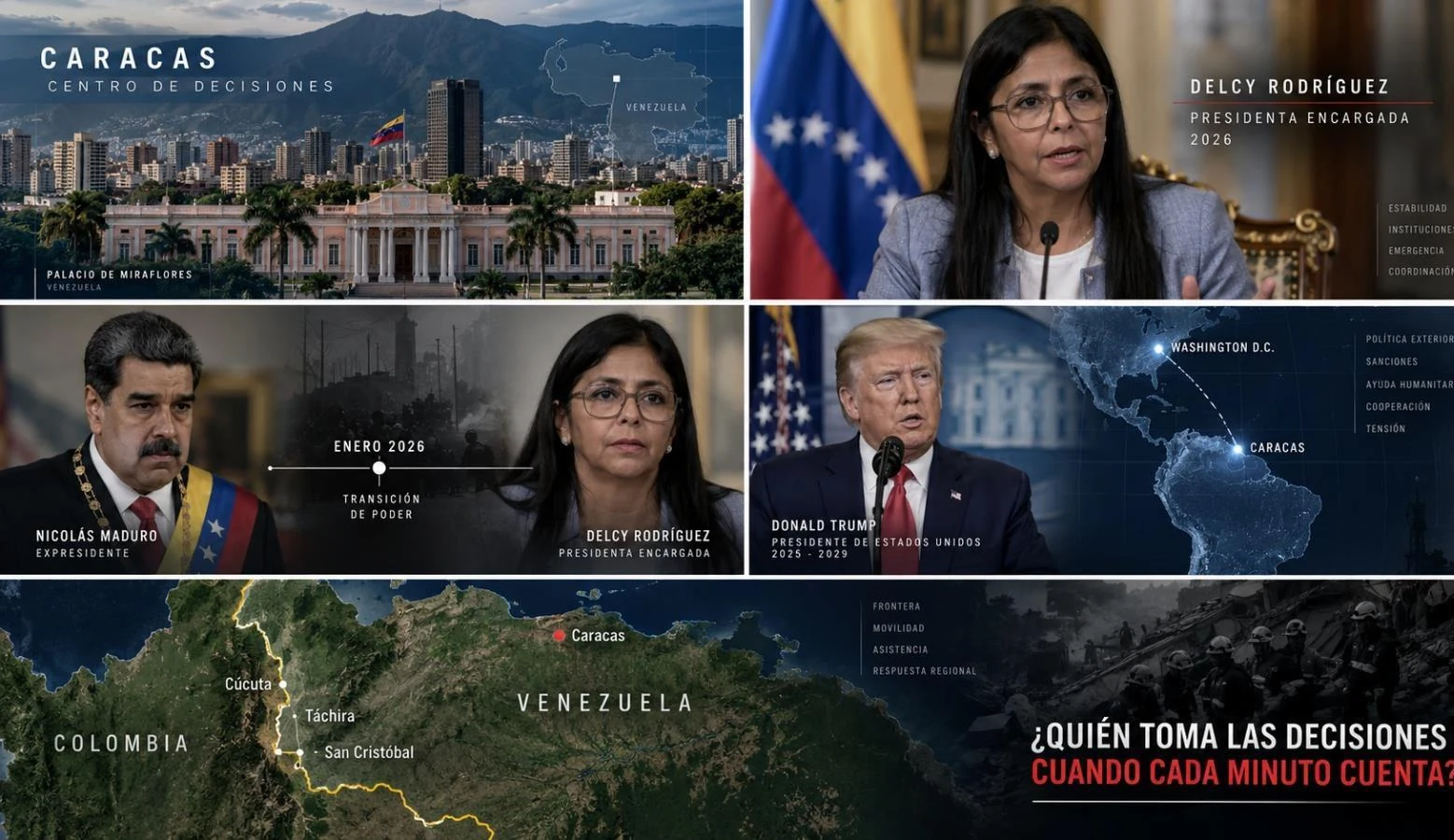 Montaje editorial del marco político venezolano de 2026 con Caracas, Delcy Rodríguez, Nicolás Maduro, Donald Trump y la frontera con Colombia